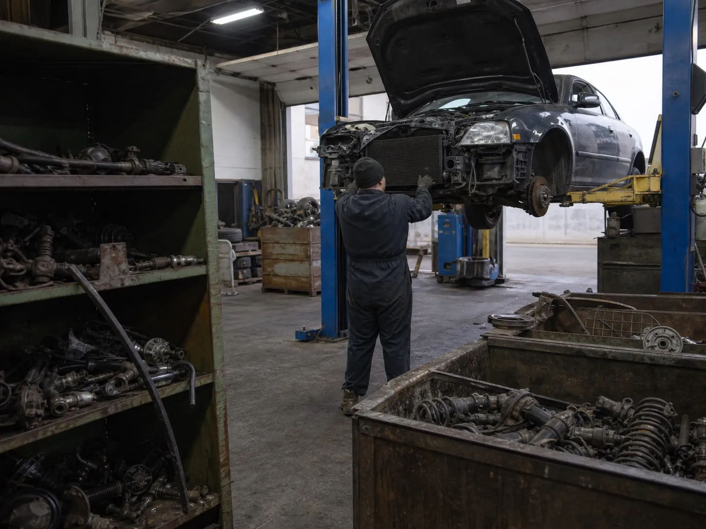 Safe dismantling and sorting of parts and metal at the recycling workshop.