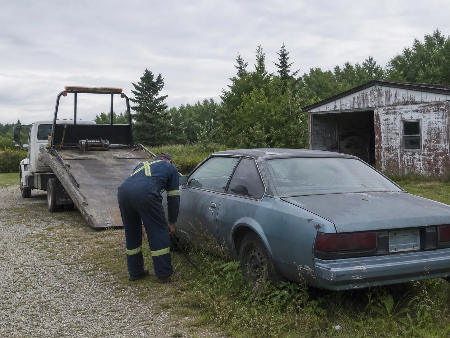 A long-idle car collected from a rural acreage property.