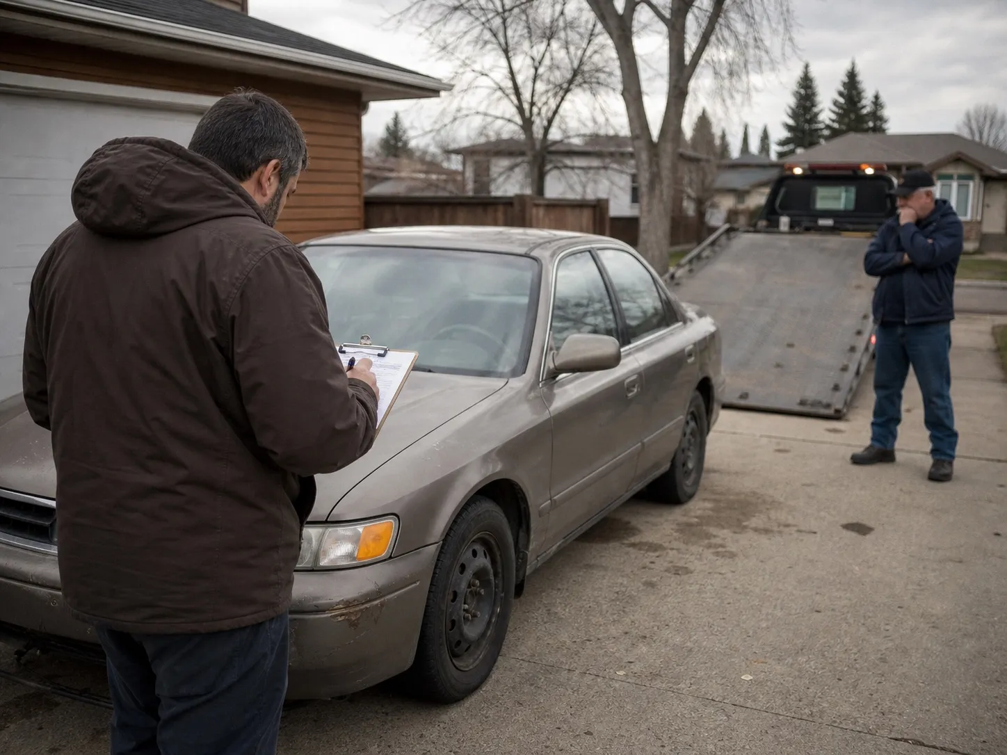 An operator documenting a vehicle's final in-person condition.