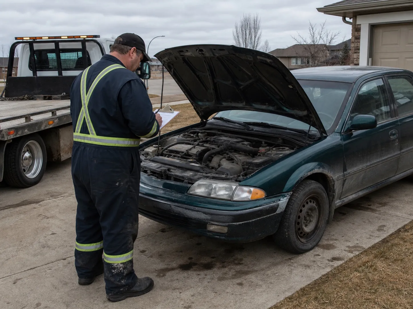 An operator inspecting a vehicle's condition to give a firm offer.