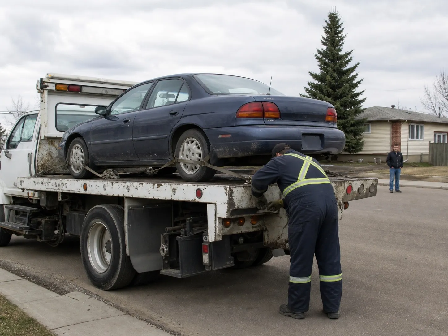 A secured vehicle ready to leave on the flatbed after collection.